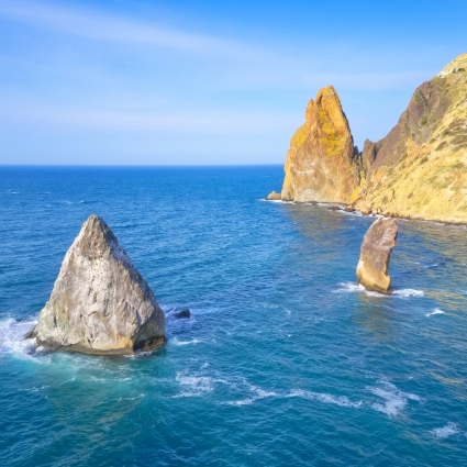 Aerial view of waves and sea rocks. Natural scene.